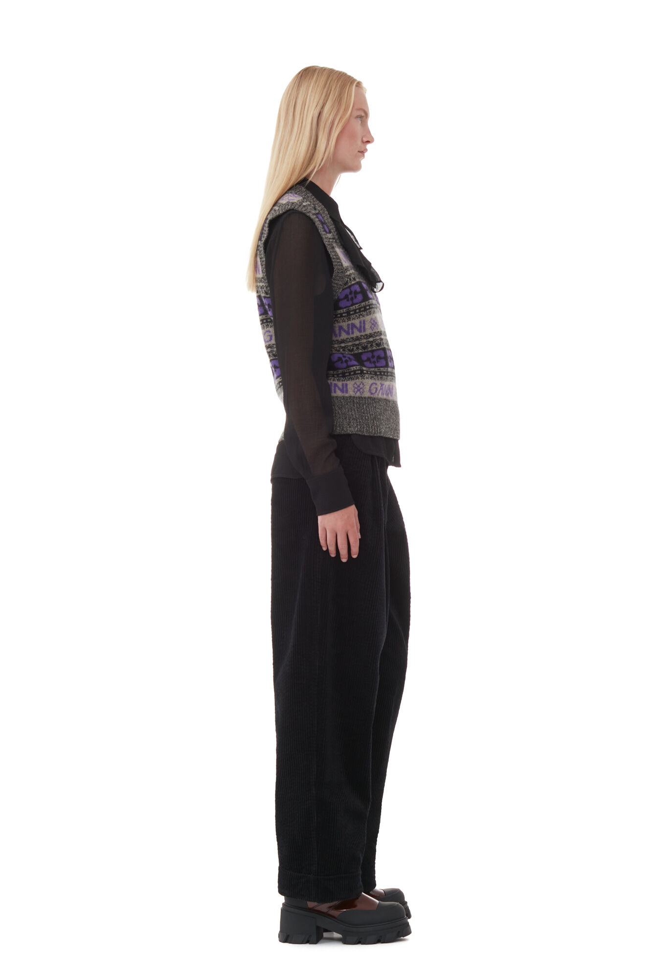 Black Corduroy Loose Pleat Trousers, Elastane, in colour Black - 2 - GANNI