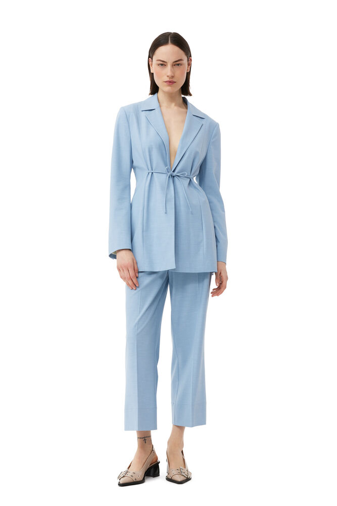 Blue Drapey Melange Tiestring Blazer, Powder Blue