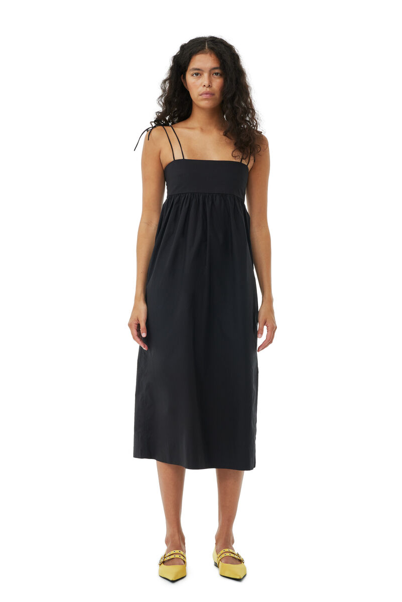 Black Cotton Poplin String Midi-kjole, Cotton, in colour Black - 1 - GANNI