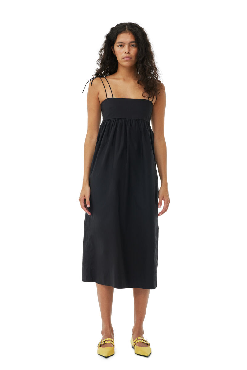 Black Cotton Poplin String Midi Dress, Cotton, in colour Black - 1 - GANNI