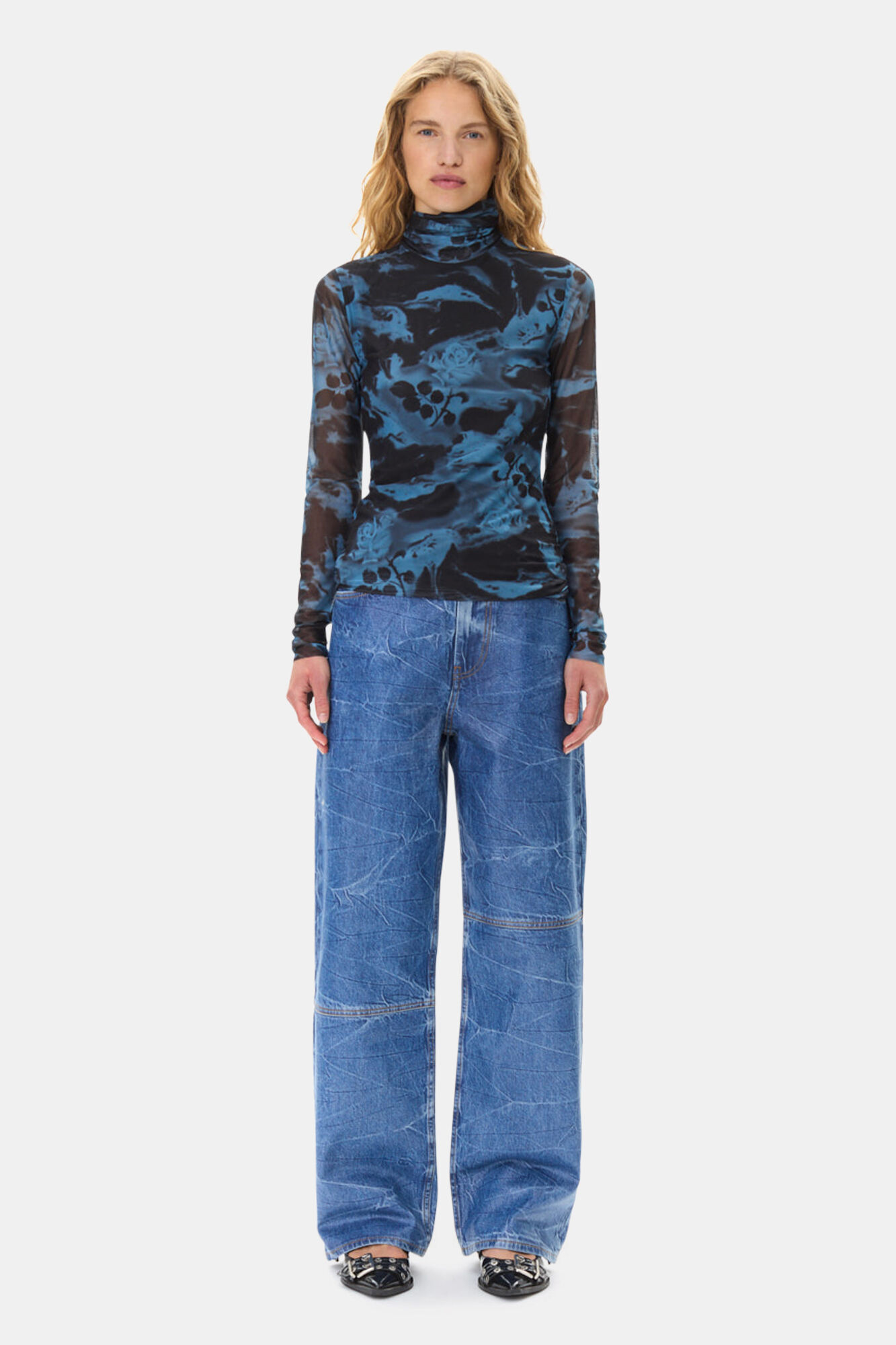 Blue Printed Mesh Long Sleeve Rollneck, Elastane, in colour Blue Shadow - 1 - GANNI