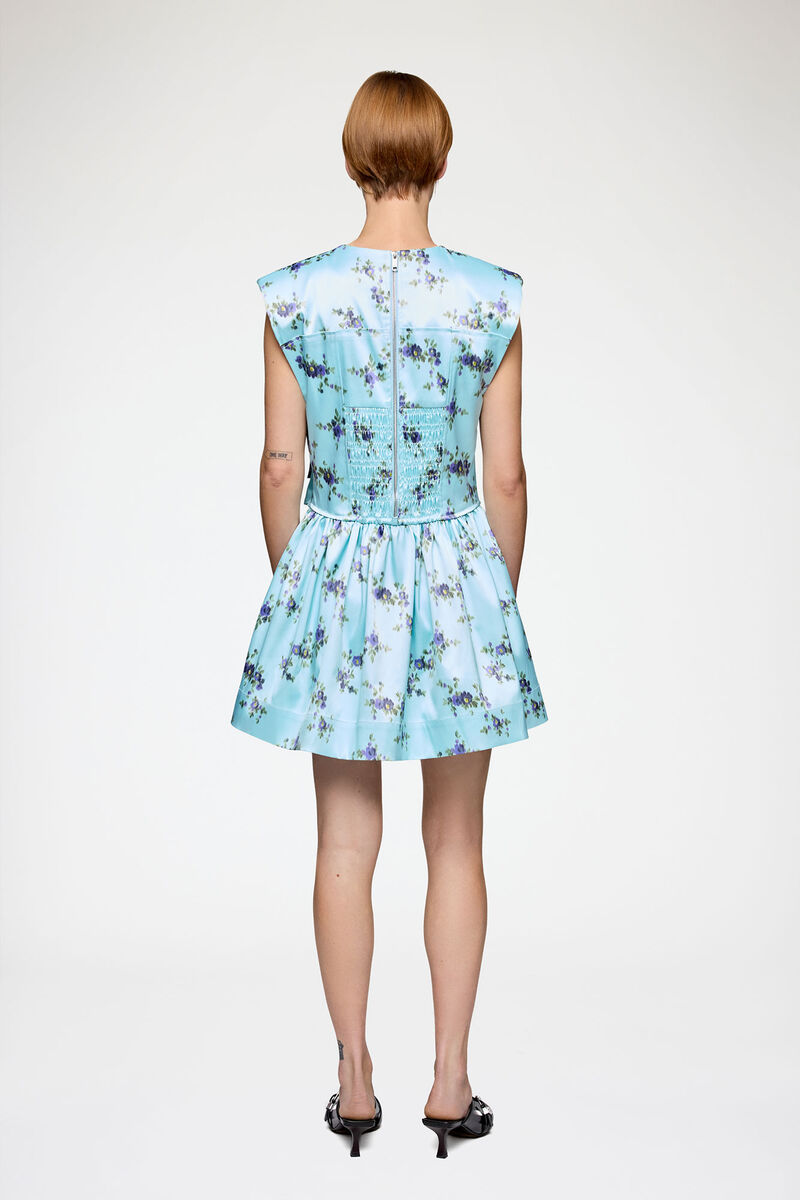 Dress in Printed Satin, Recycled Polyester, in colour Iced Aqua - 2 - GANNI
