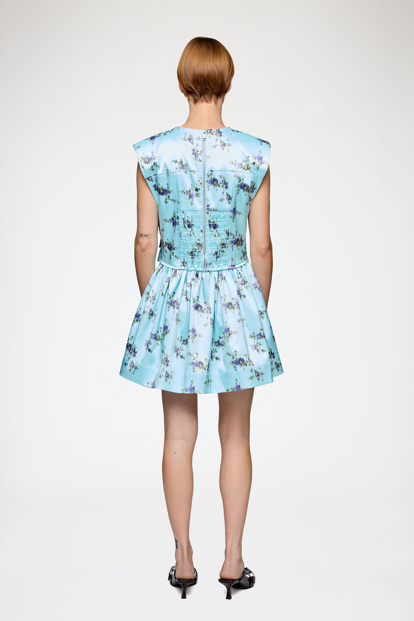 Dress in Printed Satin, Recycled Polyester, in colour Iced Aqua - 2 - GANNI