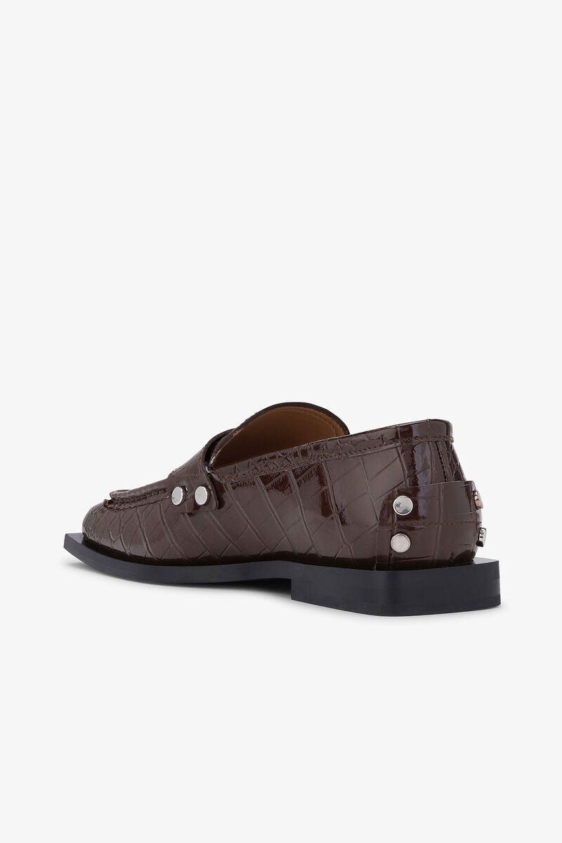 Brown Croco Studded Loafers, Polyester, in colour Chocolate Fondant - 3 - GANNI