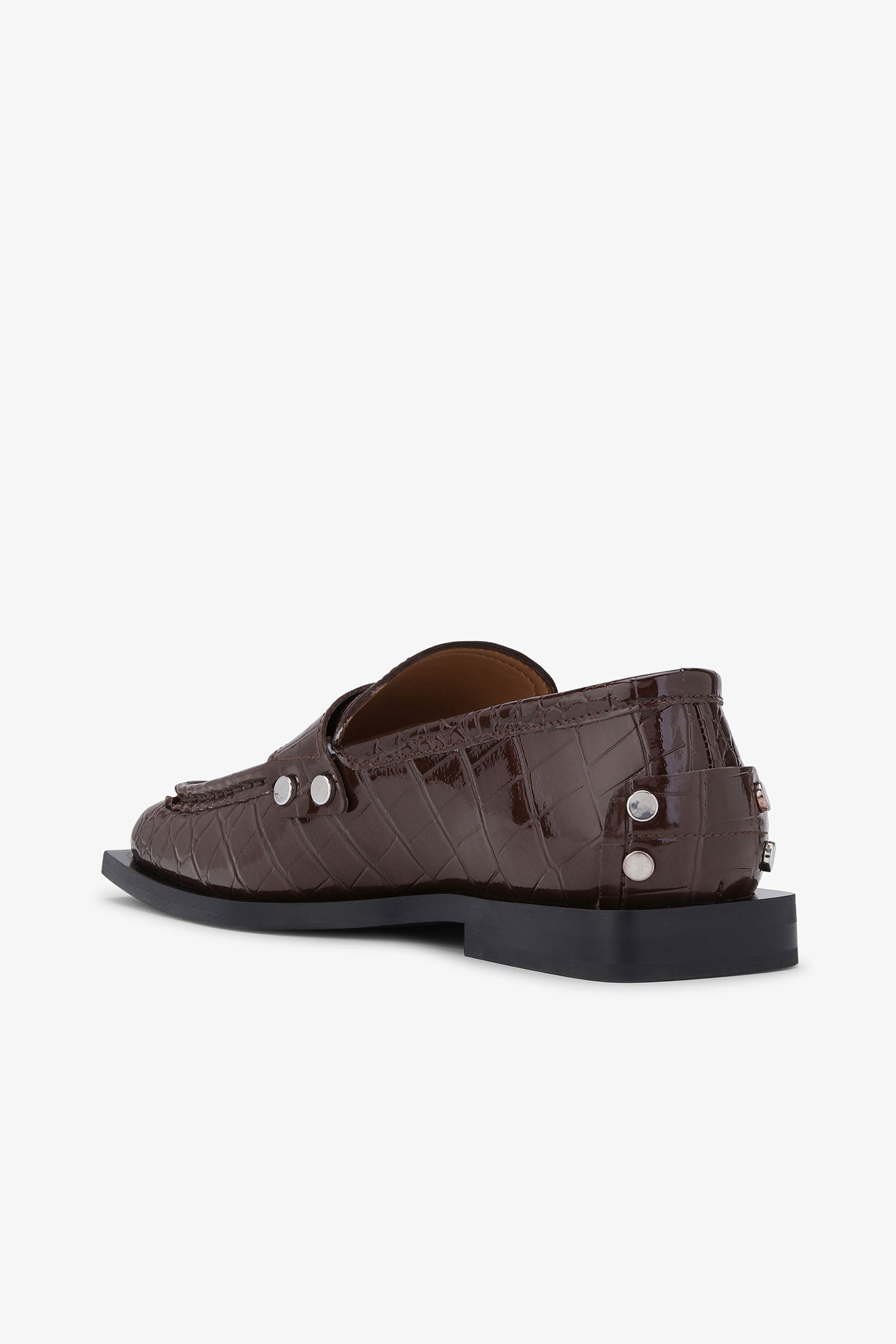 Brown Croco Studded Loafers, Polyester, in colour Chocolate Fondant - 3 - GANNI