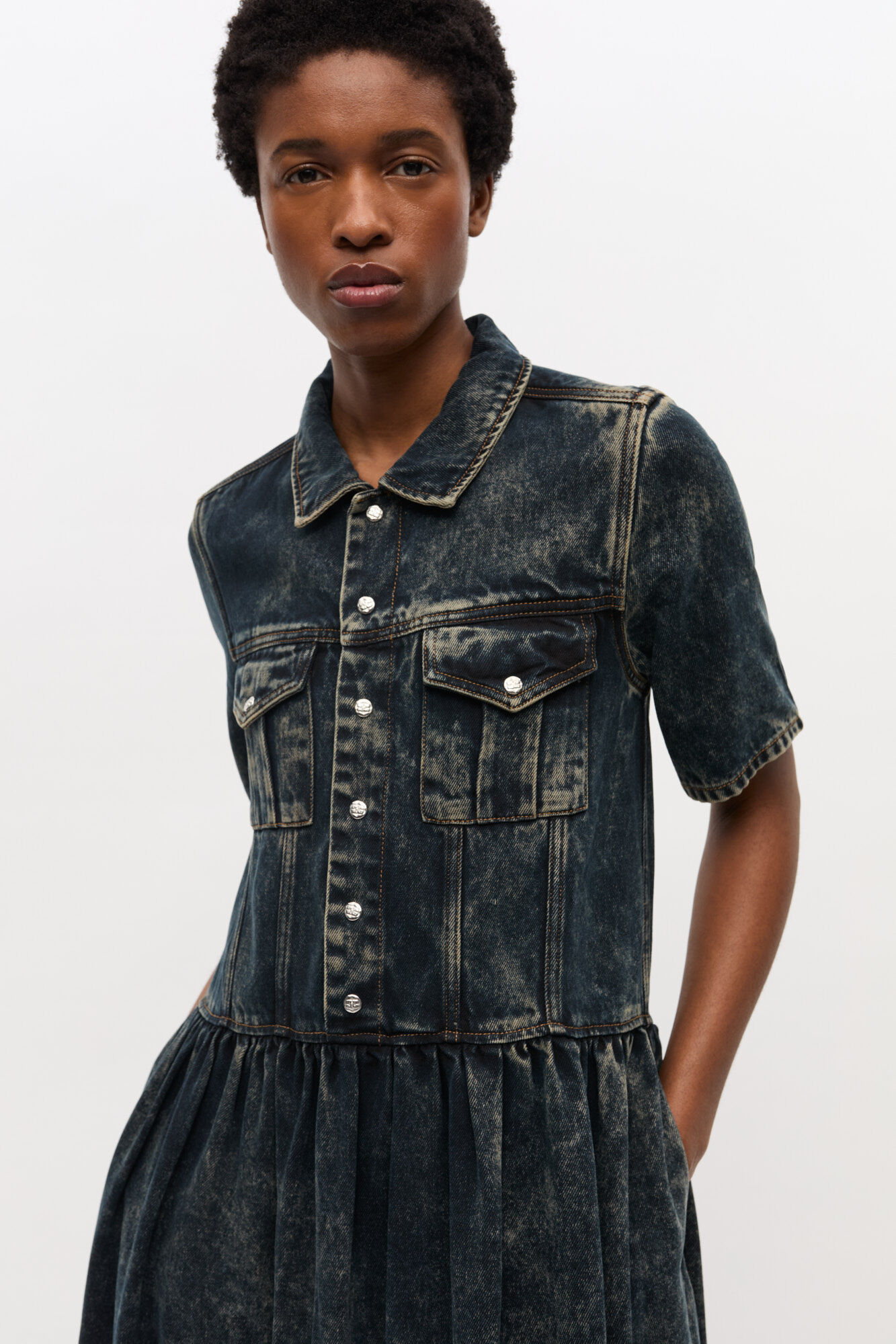 Black Washed Denim Dress, Tencel, in colour Black Washed - 3 - GANNI