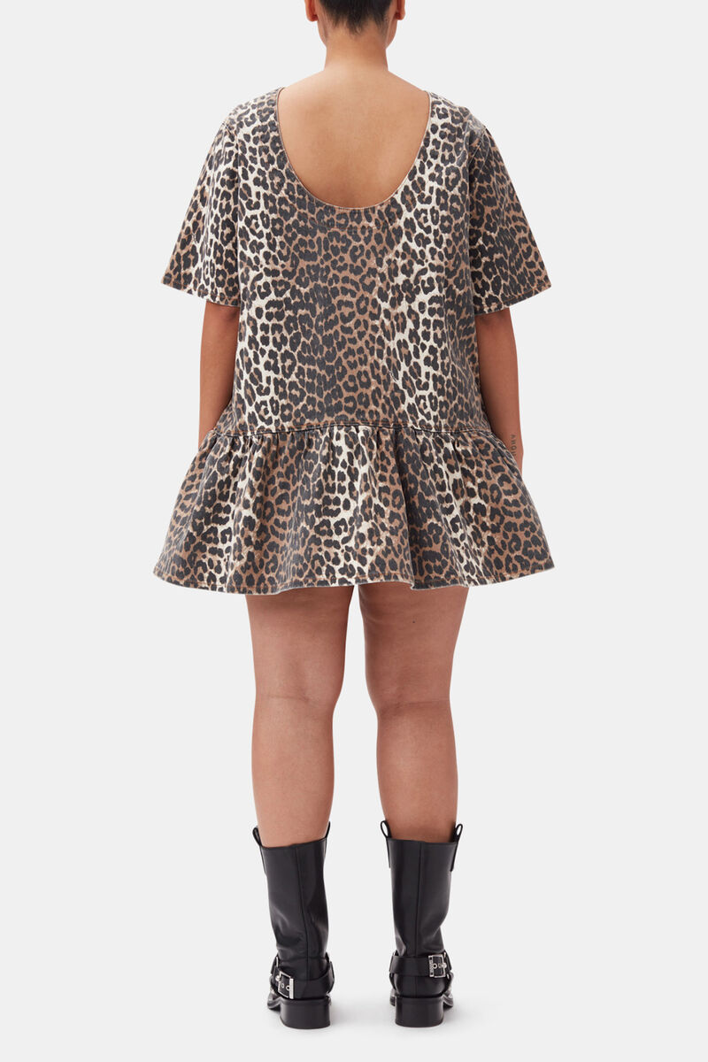 Leopard Open-back Mini Denim Dress, Organic Cotton, in colour Leopard - 8 - GANNI