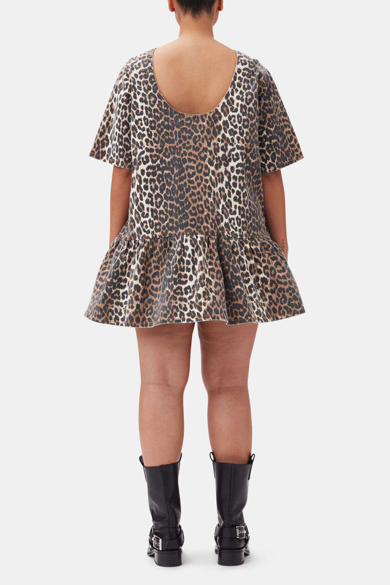 Leopard Open-back Mini Denim Dress, Organic Cotton, in colour Leopard - 8 - GANNI