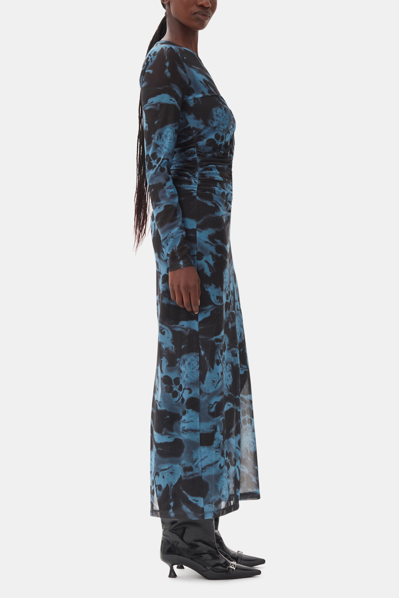 Blue Printed Mesh O-neck Ruched Long Dress | GANNI US