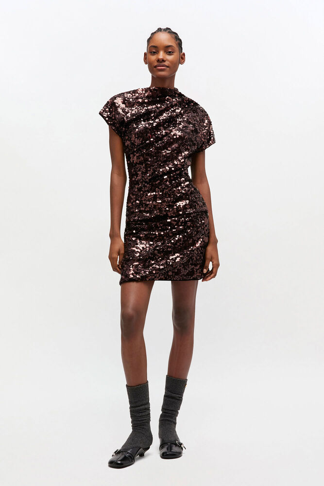 Brown Sequins Mini Dress, Demitasse
