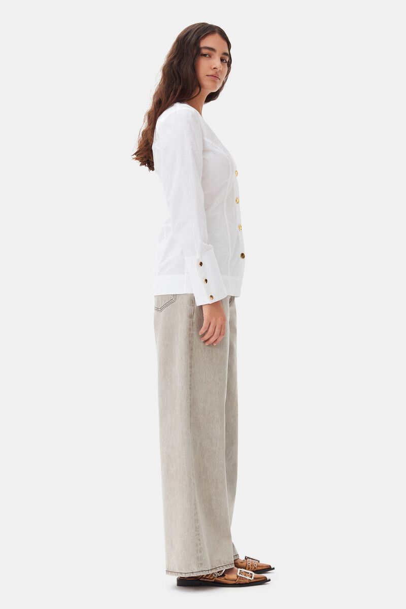 White Cotton Poplin V-neck Shirt, Cotton, in colour Bright White - 3 - GANNI