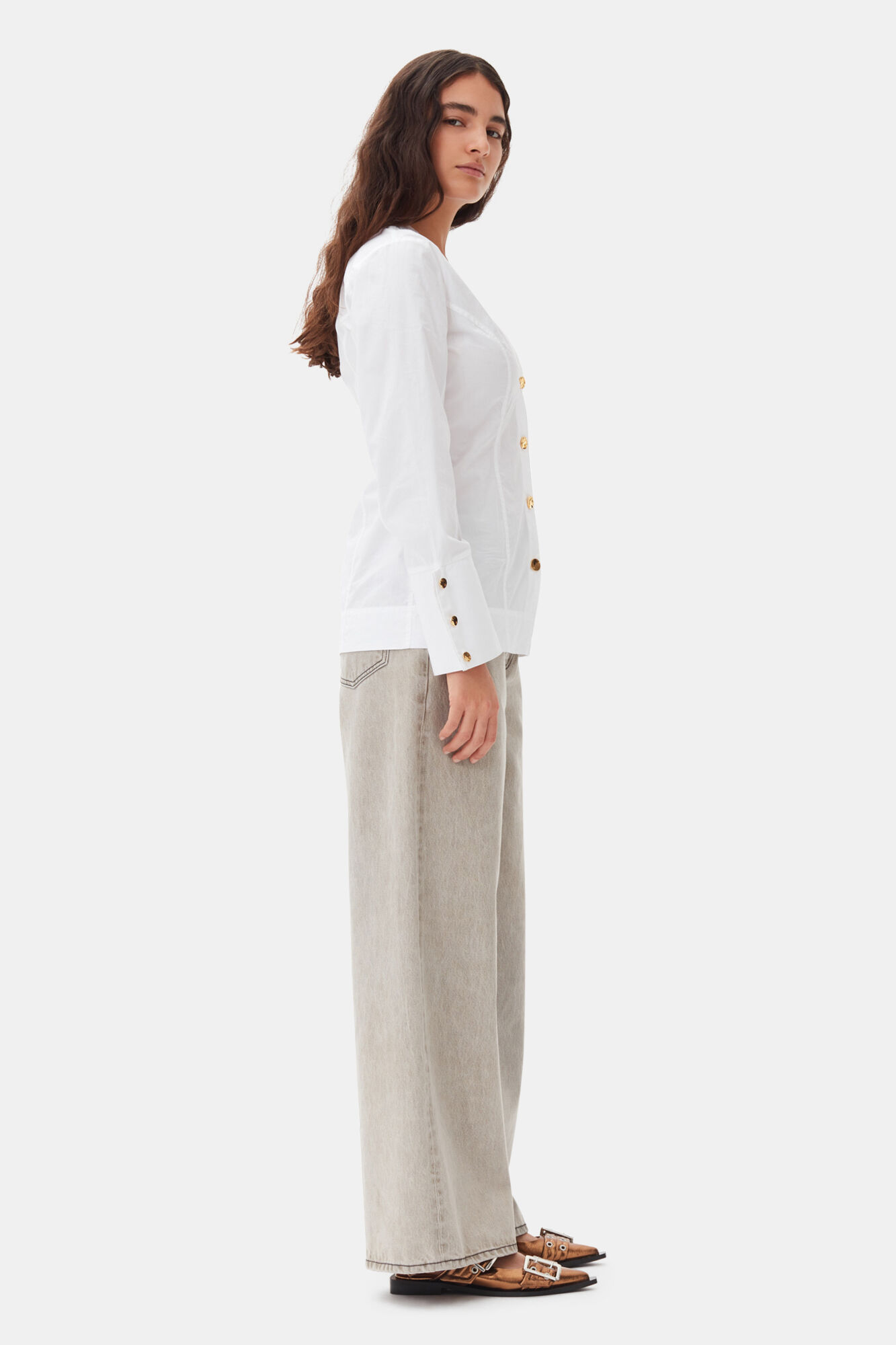 White Cotton Poplin V-neck Shirt, Cotton, in colour Bright White - 3 - GANNI