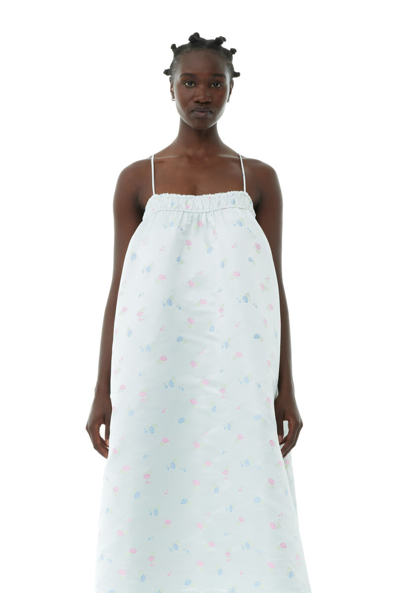 Floral Sateen Jacquard Midi Strap Kleid, Polyester, in colour Tofu - 2 - GANNI