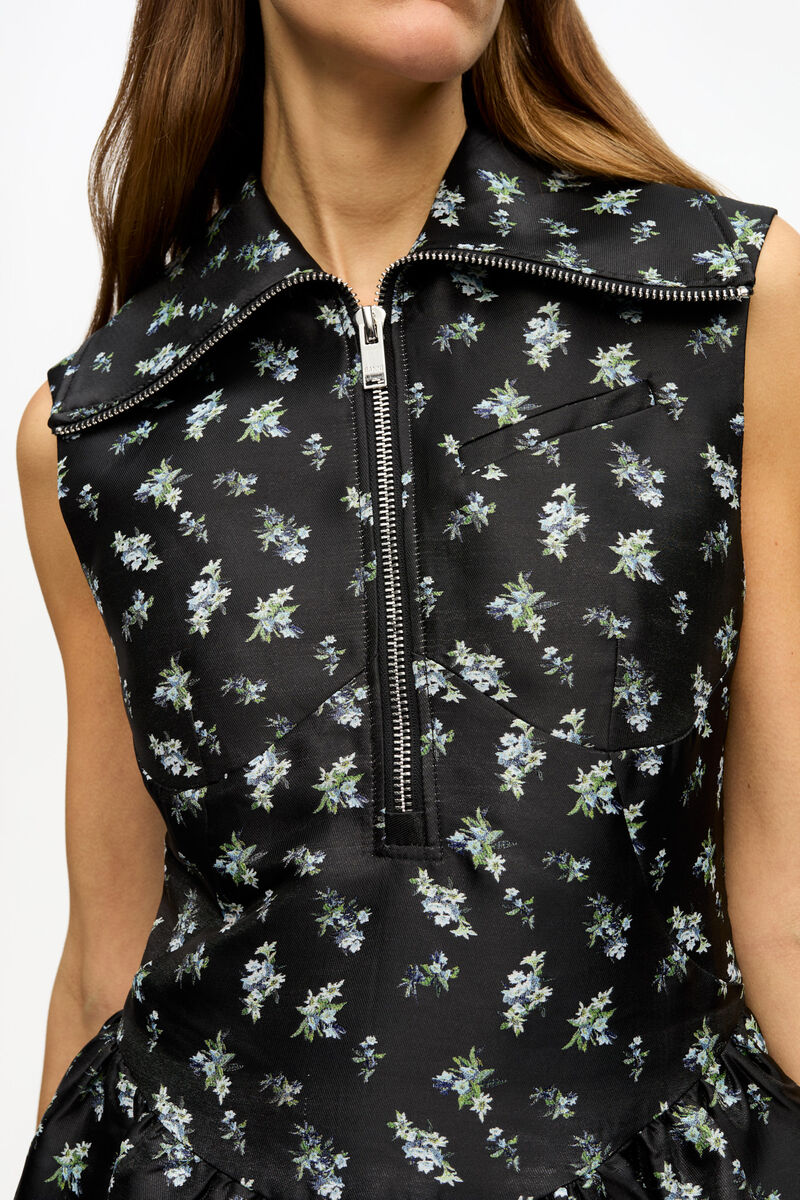 Black Floral Jacquard Midi Dress, Recycled Polyester, in colour Black - 3 - GANNI