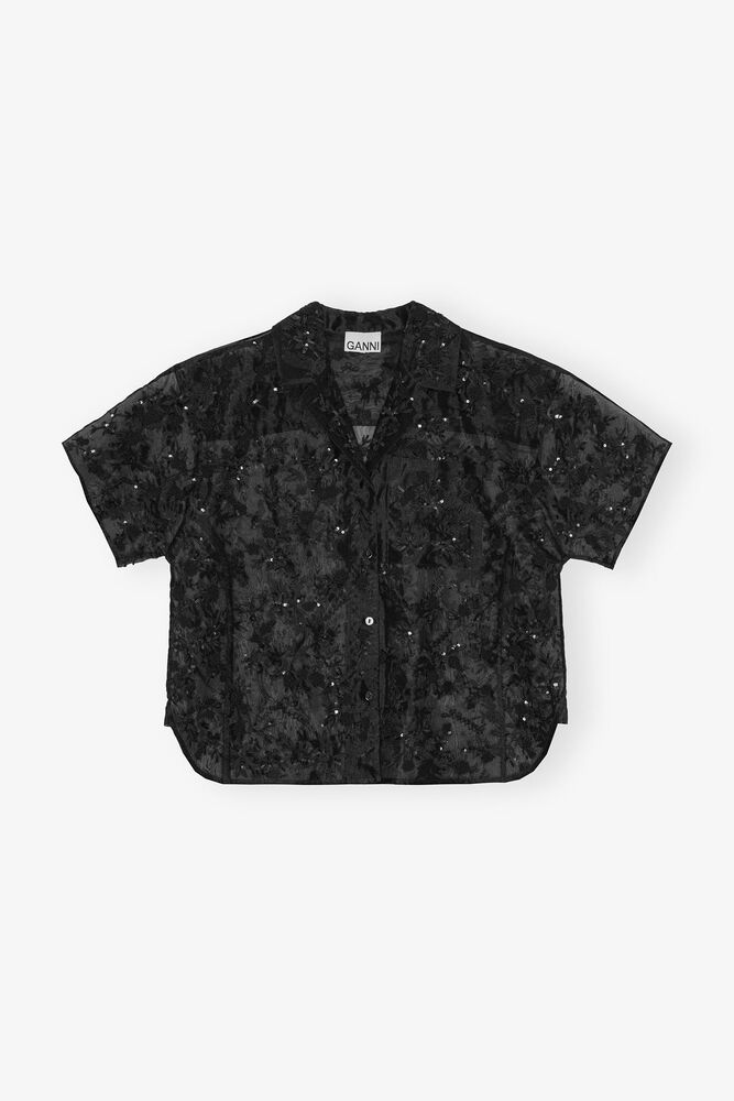 Black Embellished Organza Shirt, Black