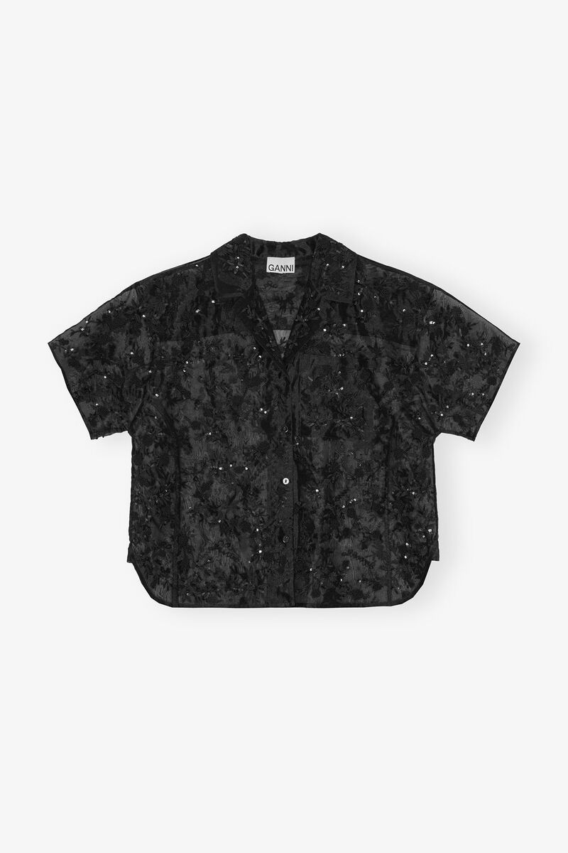 Black Embellished Organza Shirt, Recycled Polyester, in colour Black - 1 - GANNI