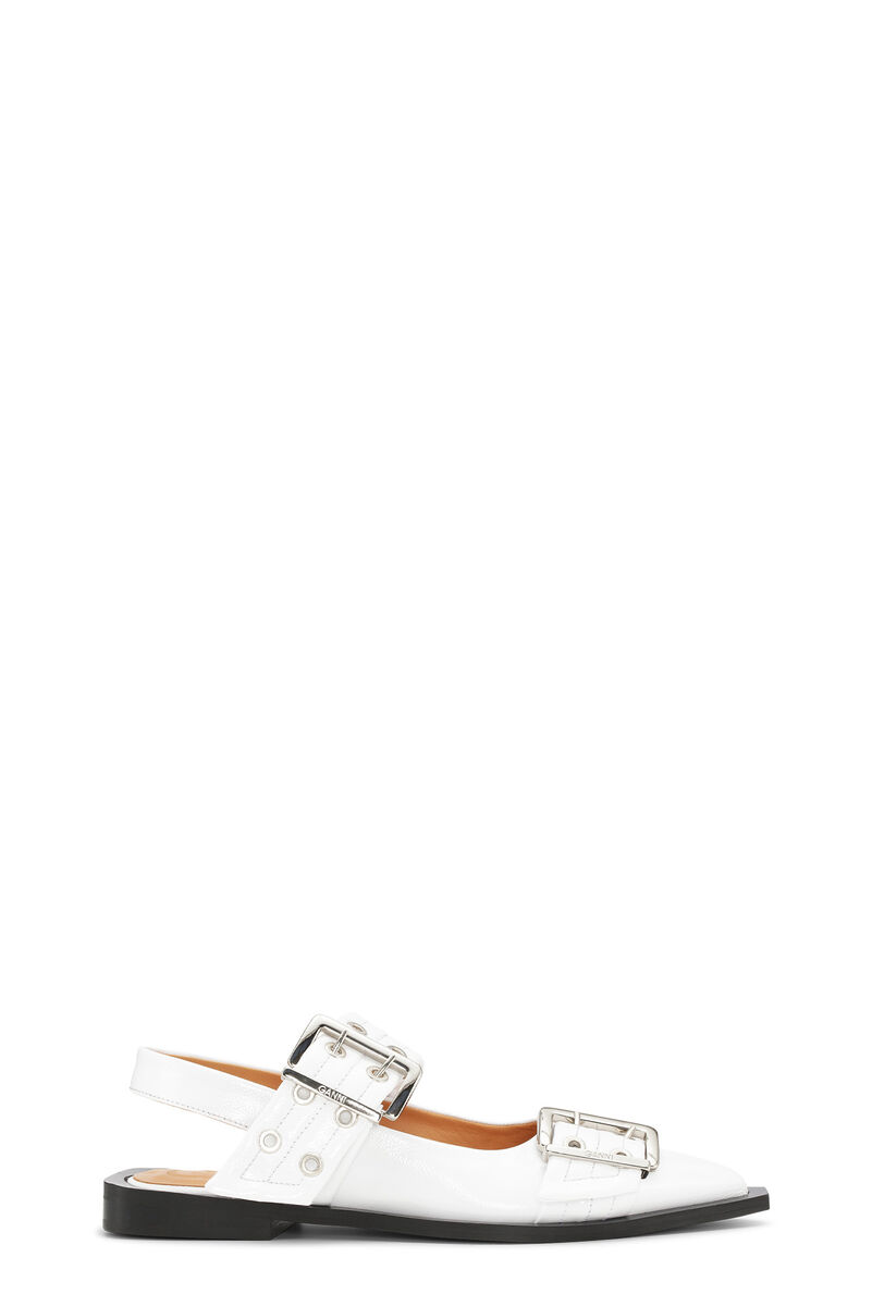 White Wide Welt Buckle Ballerinas, Calf Leather, in colour Egret - 1 - GANNI