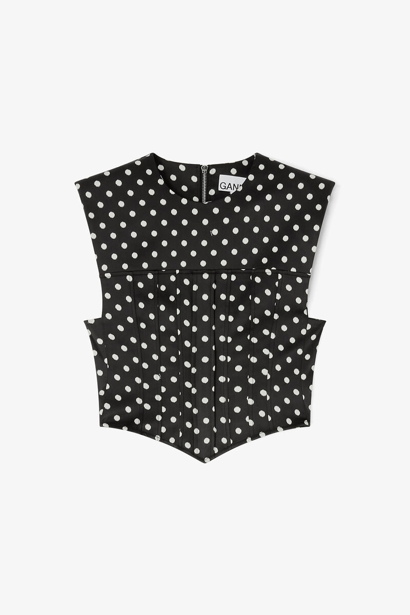 Polka-Dot Satin Corset Top, Recycled Polyester, in colour Black - 1 - GANNI