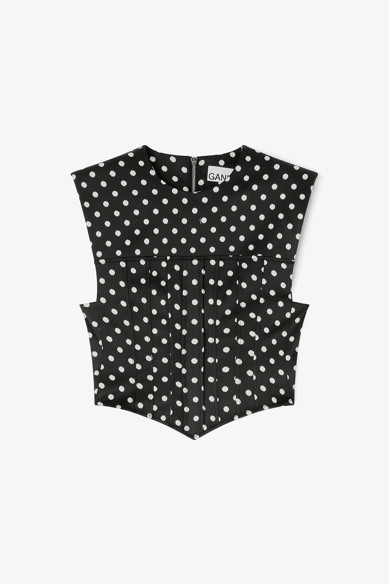 Polka-Dot Satin Corset Top, Recycled Polyester, in colour Black - 1 - GANNI