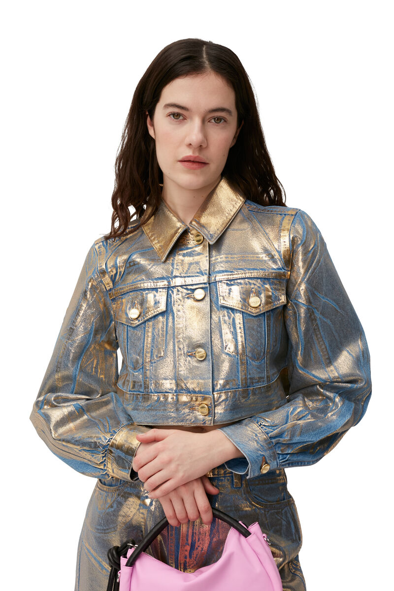 Gold Denim Trucker Jacket, Cotton, in colour Gold - 3 - GANNI
