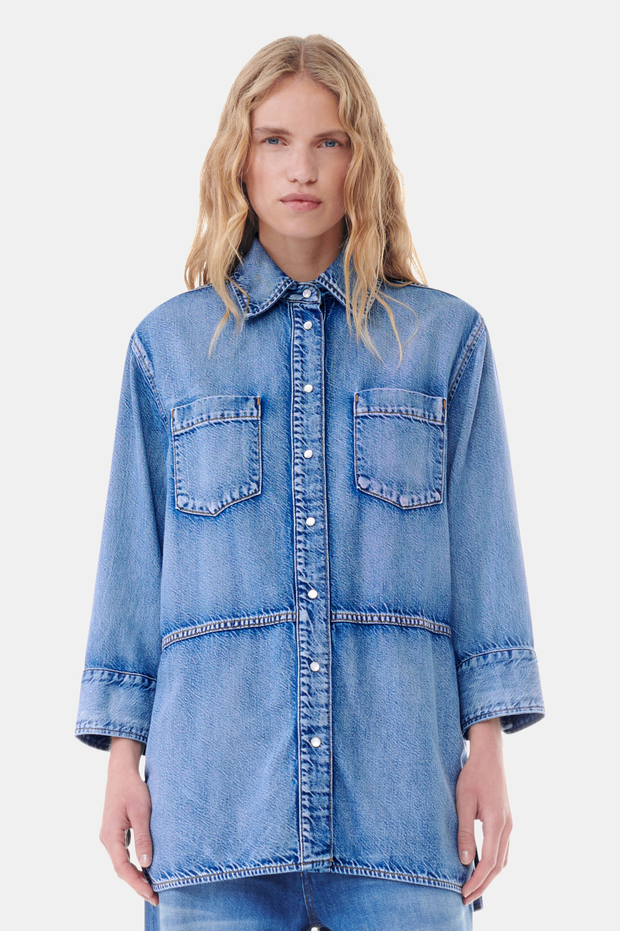 Mid Blue Vintage Blue Denim Oversized Shirt | GANNI UK
