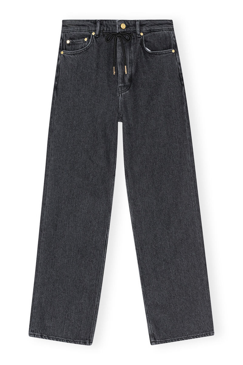 Washed Black Izey Drawstring Jeans , Cotton, in colour Washed Black/Black - 1 - GANNI