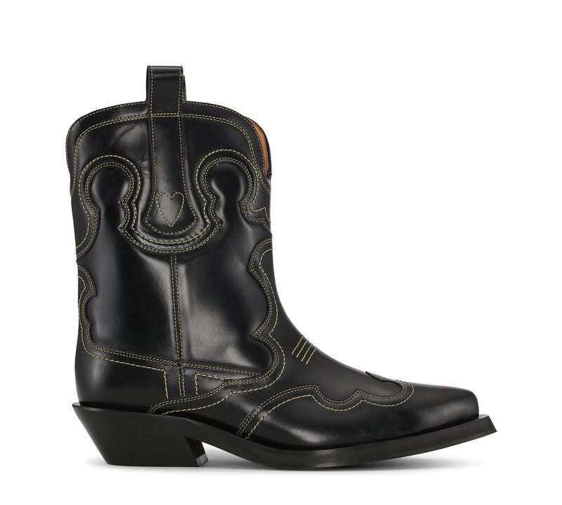Black/Yellow Low Shaft Embroidered Western Boots, Calf Leather, in colour Black/Yellow - 1 - GANNI
