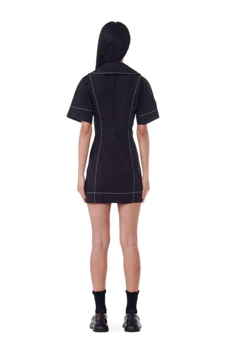 Black Cotton Poplin Wrap Mini-kjole, Cotton, in colour Black - 4 - GANNI
