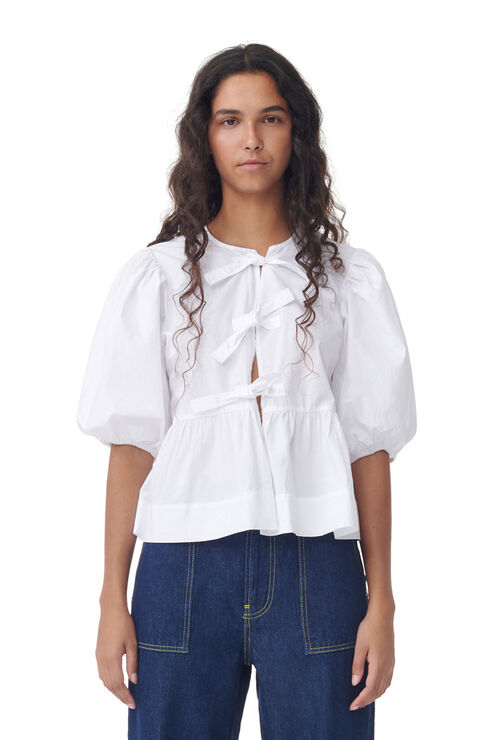 Ganni Balloon Sleeve/short Sleeve Cotton Poplin Peplum Tie Blouse In Black