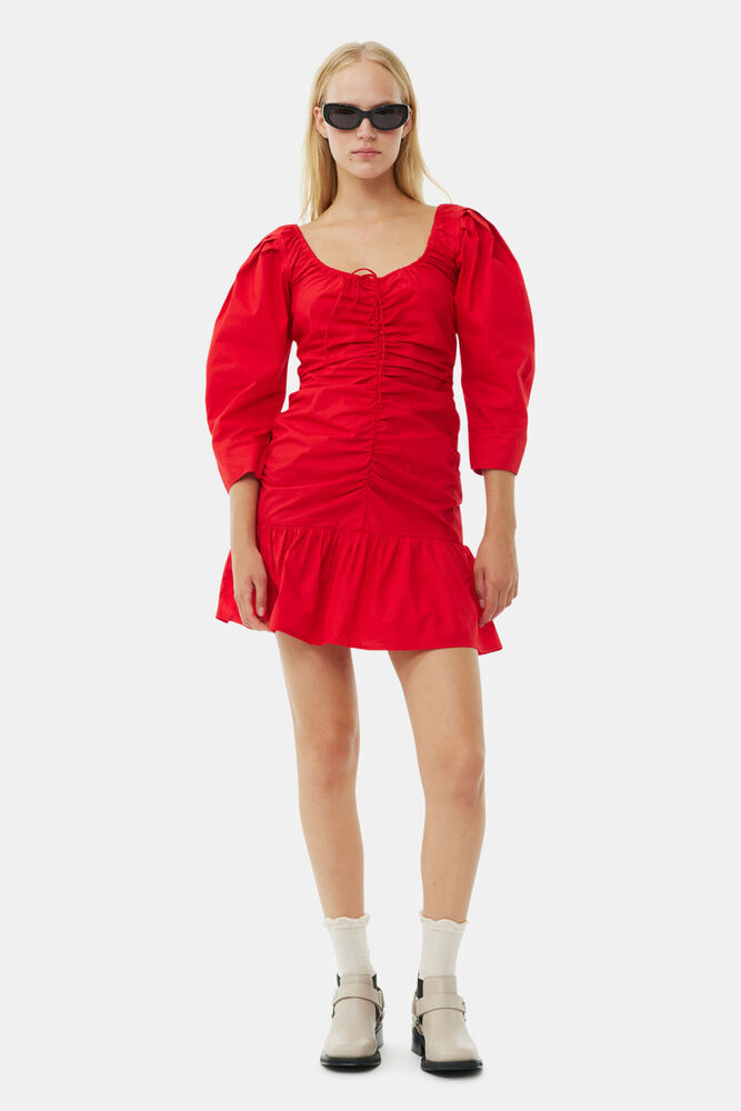 Robe Red Cotton Poplin Gathered U-neck Mini, Racing Red