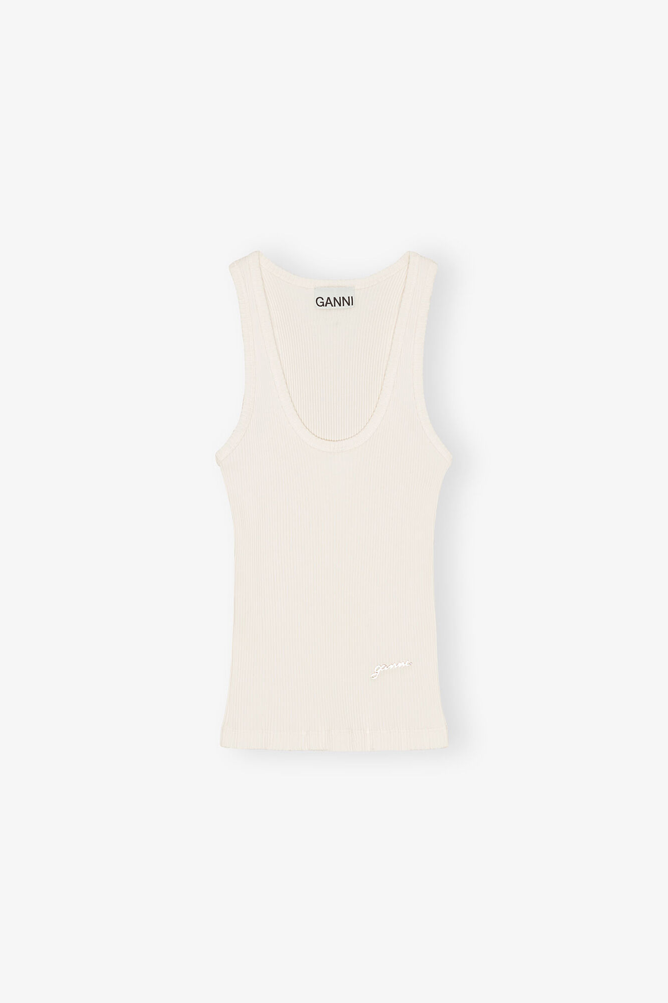 Ivory Ribbed Tank Top, Organic Cotton, in colour Egret - 1 - GANNI