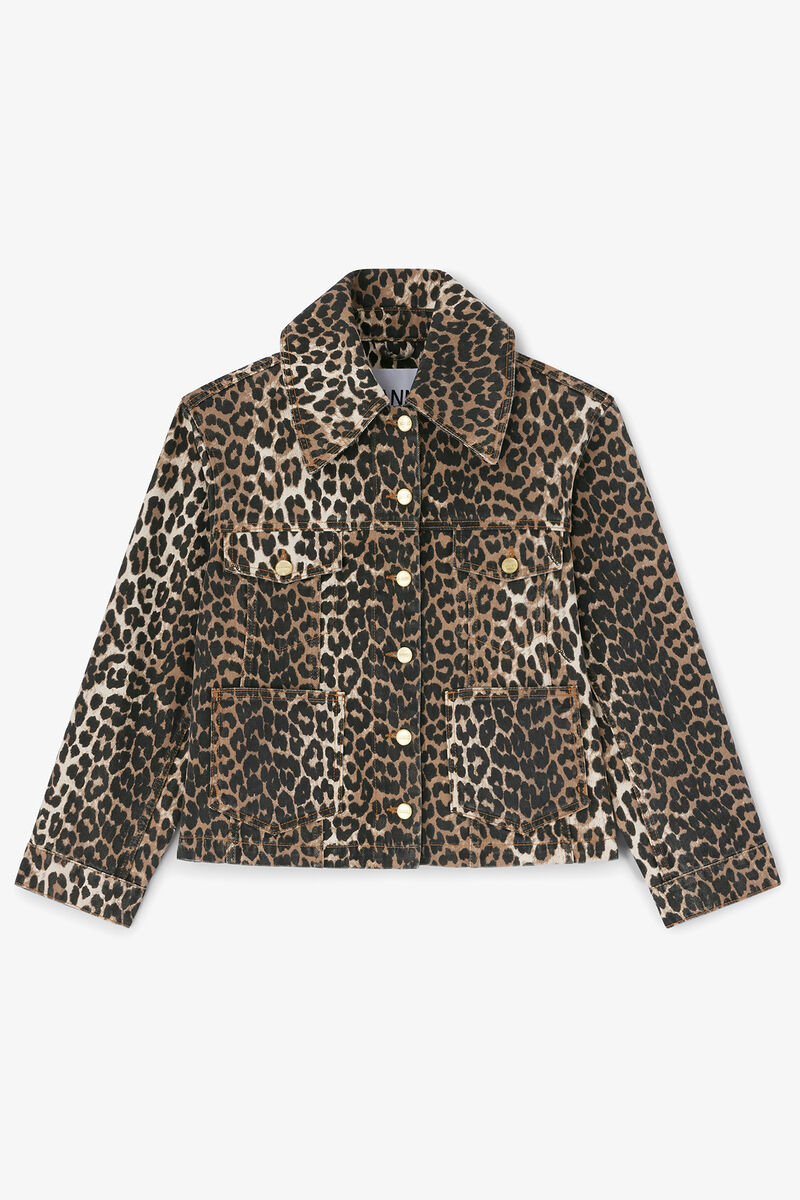 Leopard Denim Jacket, Organic Cotton, in colour Almond Milk - 1 - GANNI