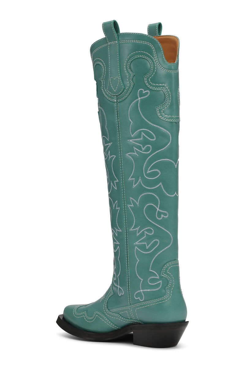 Green Knee High Embroidered Western Boots, Calf Leather, in colour Bottle Green - 2 - GANNI