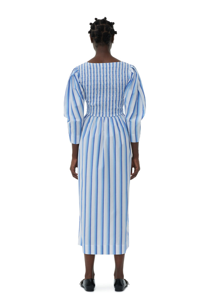Blue Striped Cotton Smock Long Kleid, Cotton, in colour Silver Lake Blue - 4 - GANNI