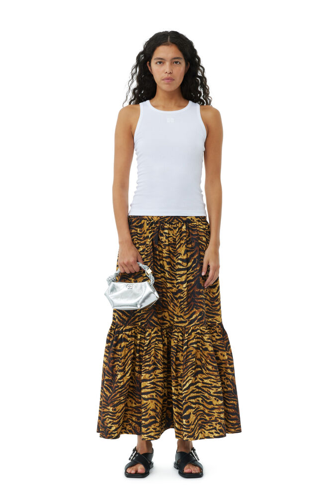 GANNI Animal Printed Cotton Maxi Flounce Skirt,Ochre