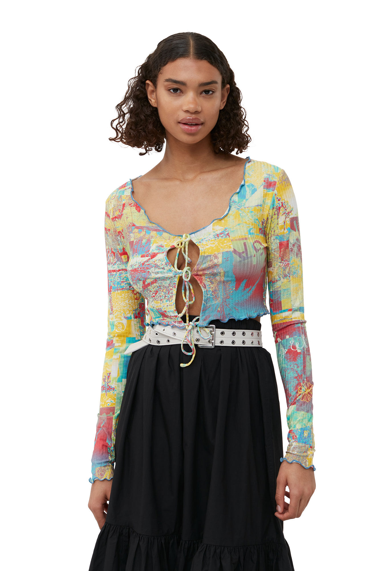 Printed Rib Jersey Cropped Blouse, Elastane, in colour Multicolour - 1 - GANNI