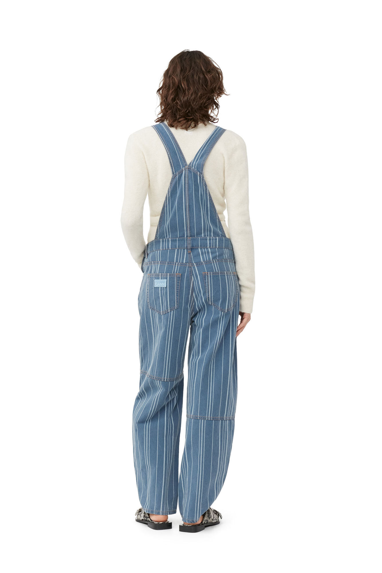 Light Stripe Denim Overalls, Cotton, in colour Mid Blue Stone - 3 - GANNI