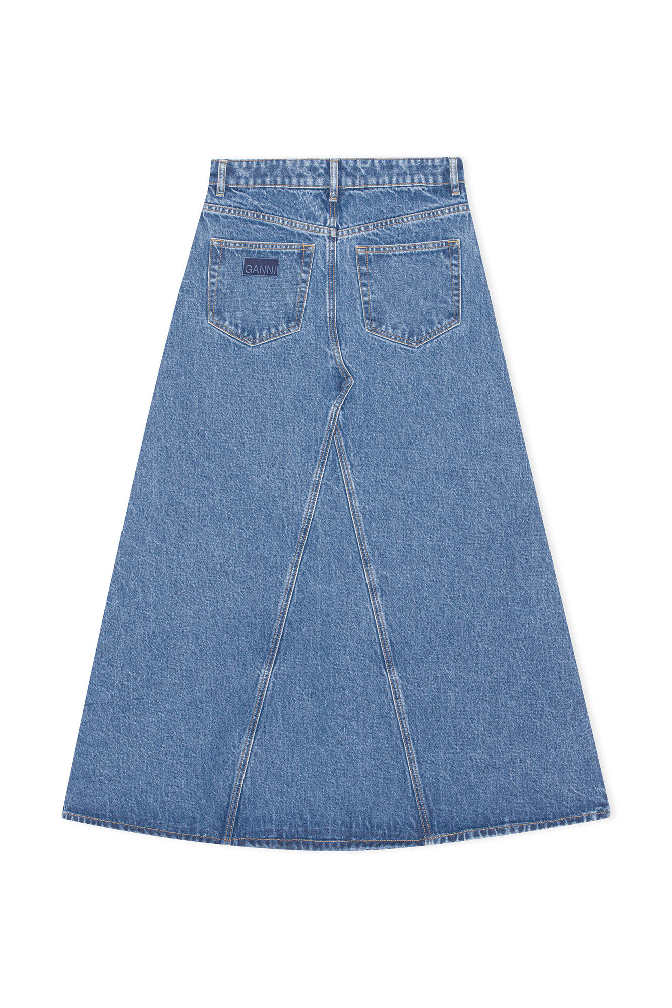 Maxikjol i överfärgad denim med cutlinedetalj, Cotton, in colour Mid Blue Stone - 2 - GANNI