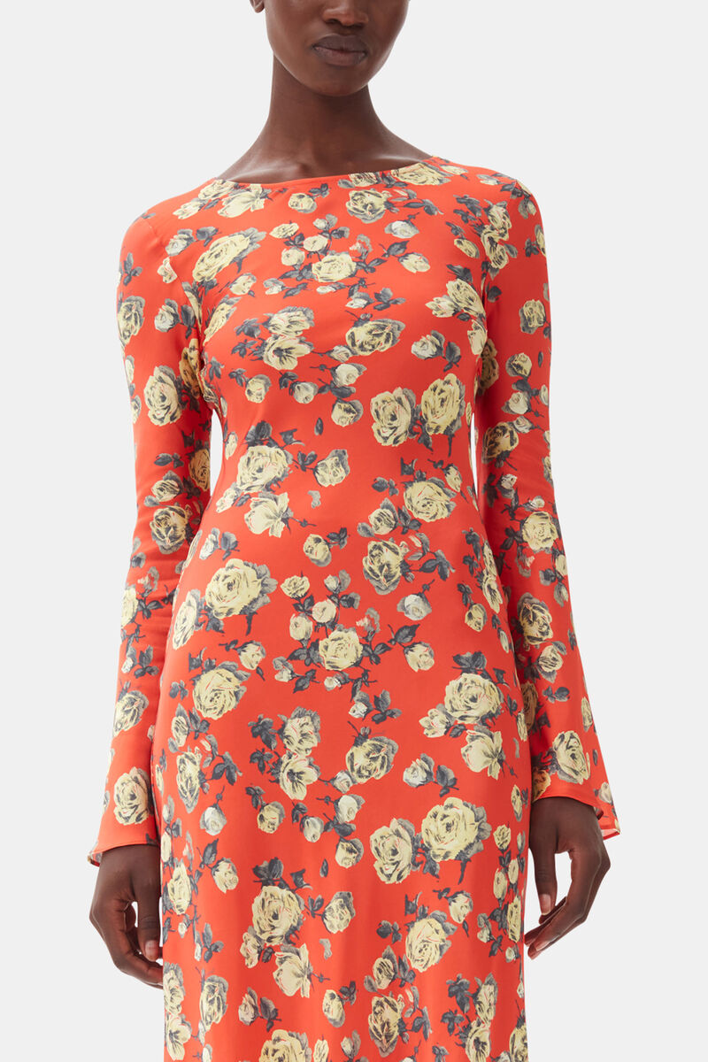 Orange Floral Printed Satin Maxi Dress, Viscose, in colour Poinciana - 2 - GANNI