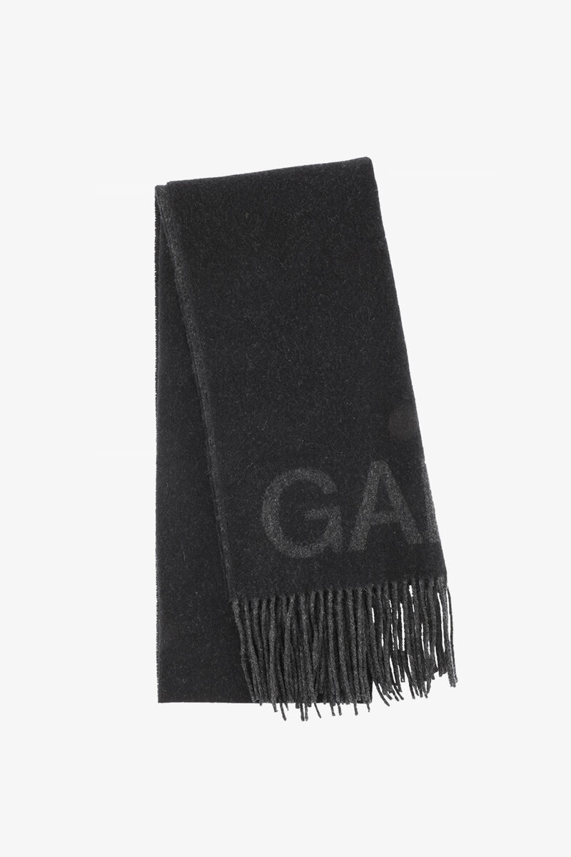 Black Fringed Scarf, Recycled Wool, in colour Black - 1 - GANNI