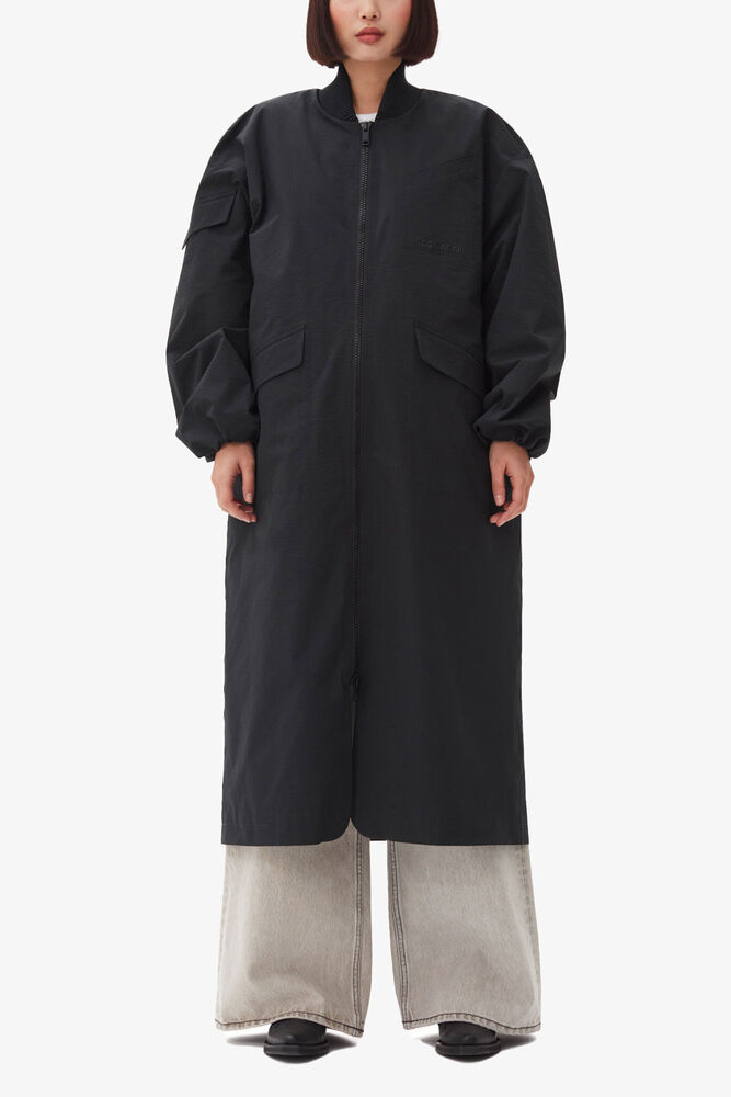 Black Tech Seersucker Oversized Shell Coat, Black