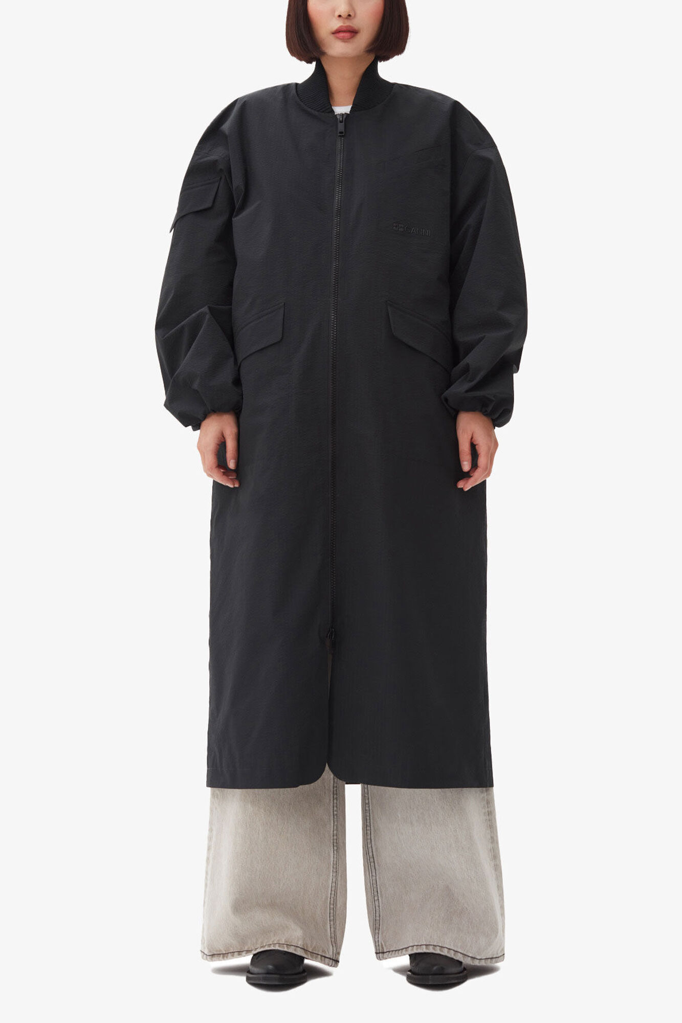 Black Tech Seersucker Oversized Shell Coat, Recycled Polyester, in colour Black - 1 - GANNI