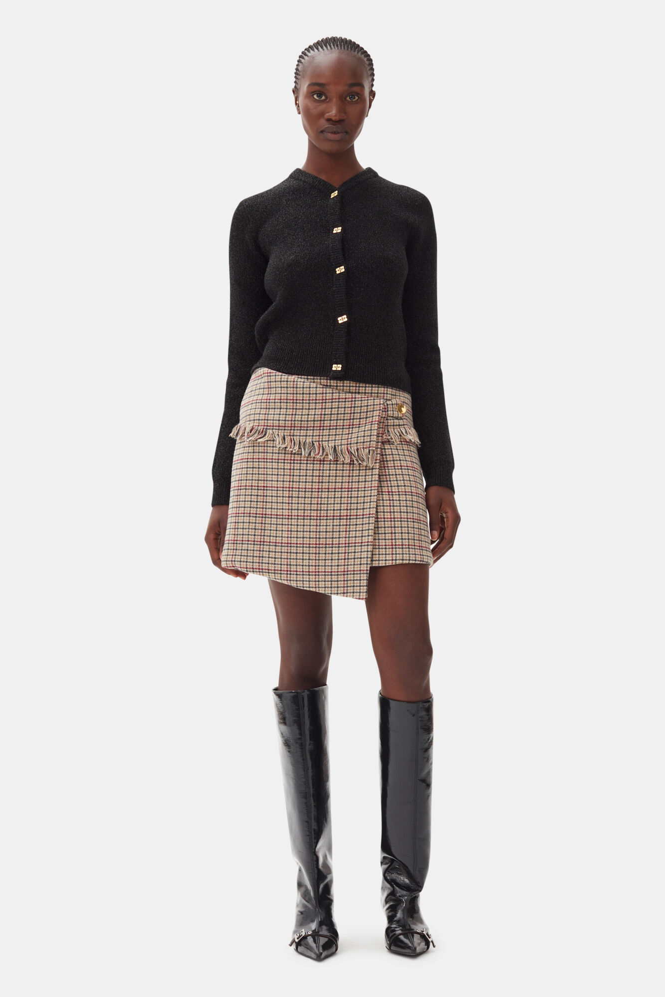 Check Asymmetrical Wrap Mini Skirt, Nylon, in colour Tiger's Eye - 1 - GANNI