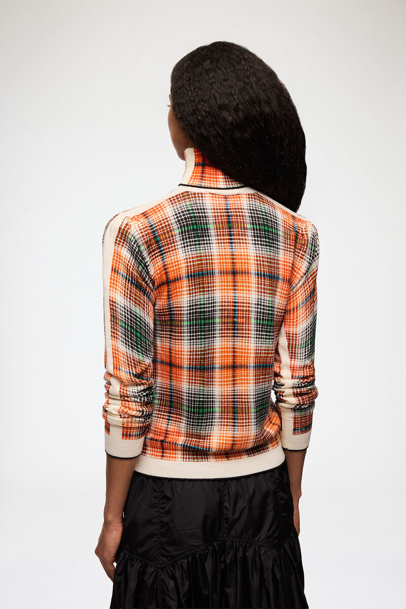 Turtleneck in Check Merino, Merino Wool, in colour Russet Orange - 3 - GANNI