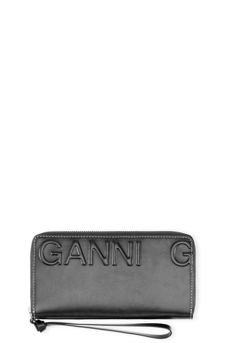 Stor håndledstaske med logo og lynlås, Leather, in colour Black - 1 - GANNI
