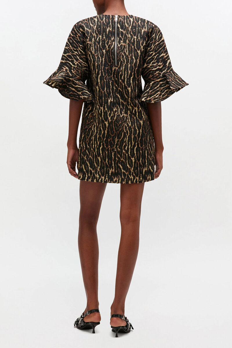 Metallic Cloque Mini Ruffle Dress, Recycled Polyester, in colour Antique Bronze - 2 - GANNI