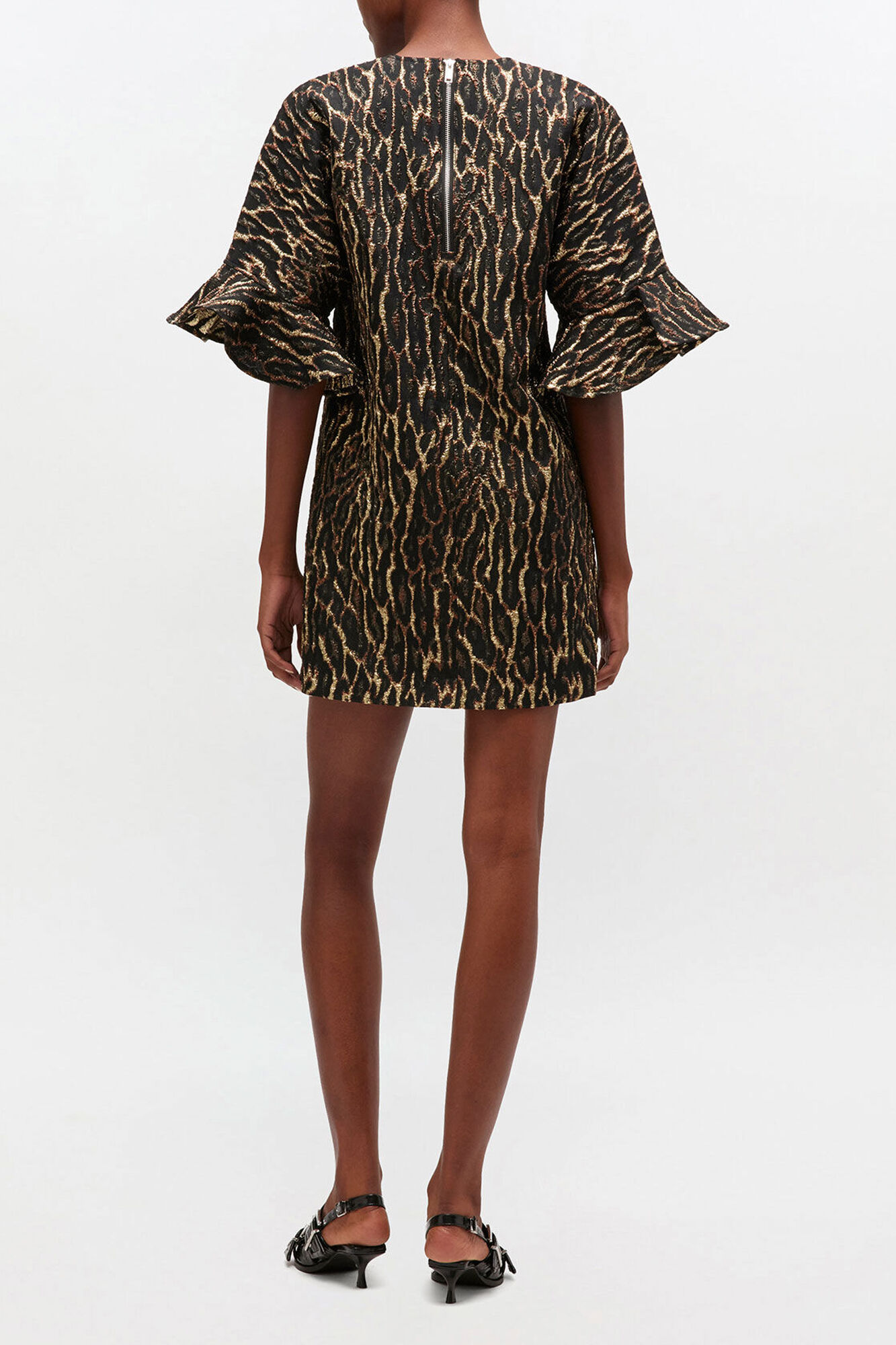 Metallic Cloque Mini Ruffle Dress, Recycled Polyester, in colour Antique Bronze - 2 - GANNI