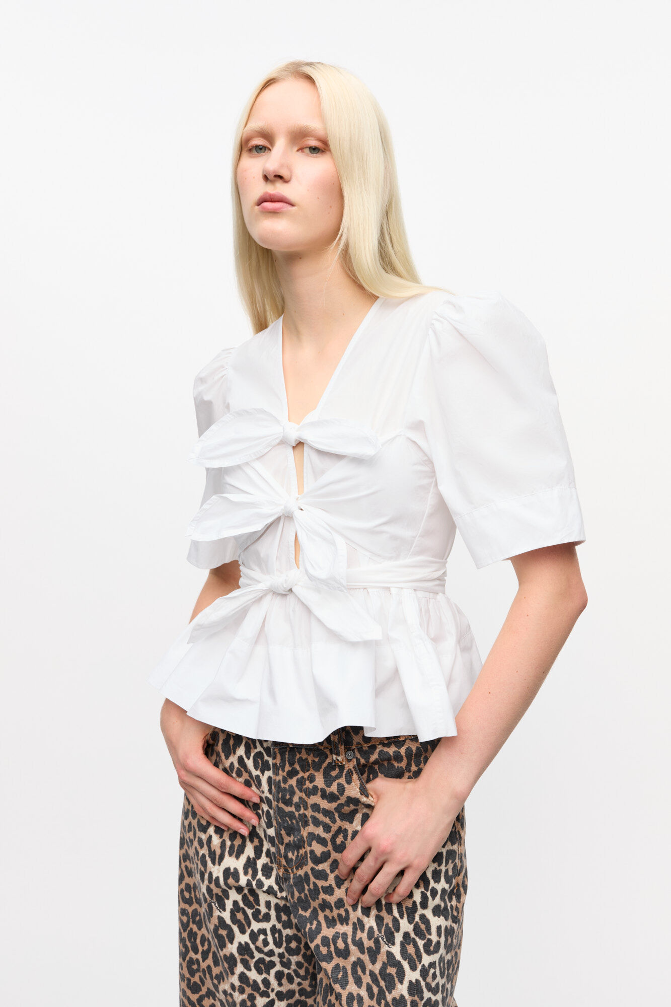 White Washed Stretch Cotton Tie Strap Blouse, Elastane, in colour Bright White - 5 - GANNI