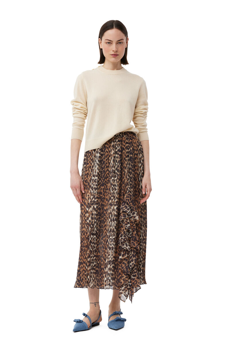 Leopard Pleated Georgette Midi Flounce Skirt, Recycled Polyester, in colour Almond Milk - 1 - GANNI