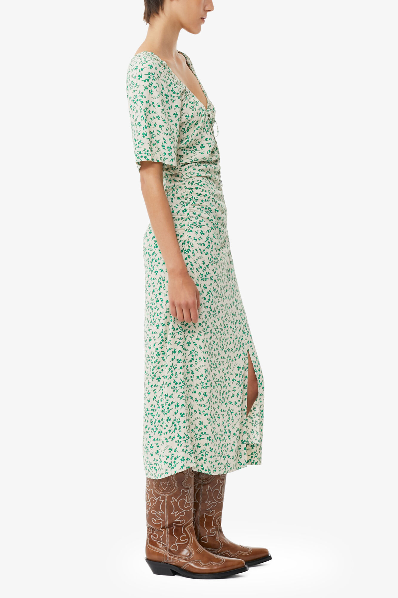Printed Crepe U-neck Midi Dress, Viscose, in colour Tapioca - 3 - GANNI